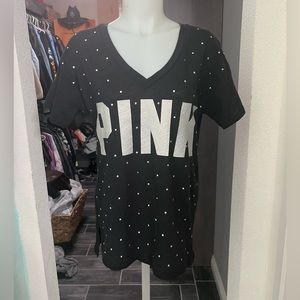 PINK VS Black Glitter & Bling Logo V-Neck Short Sleeve Top